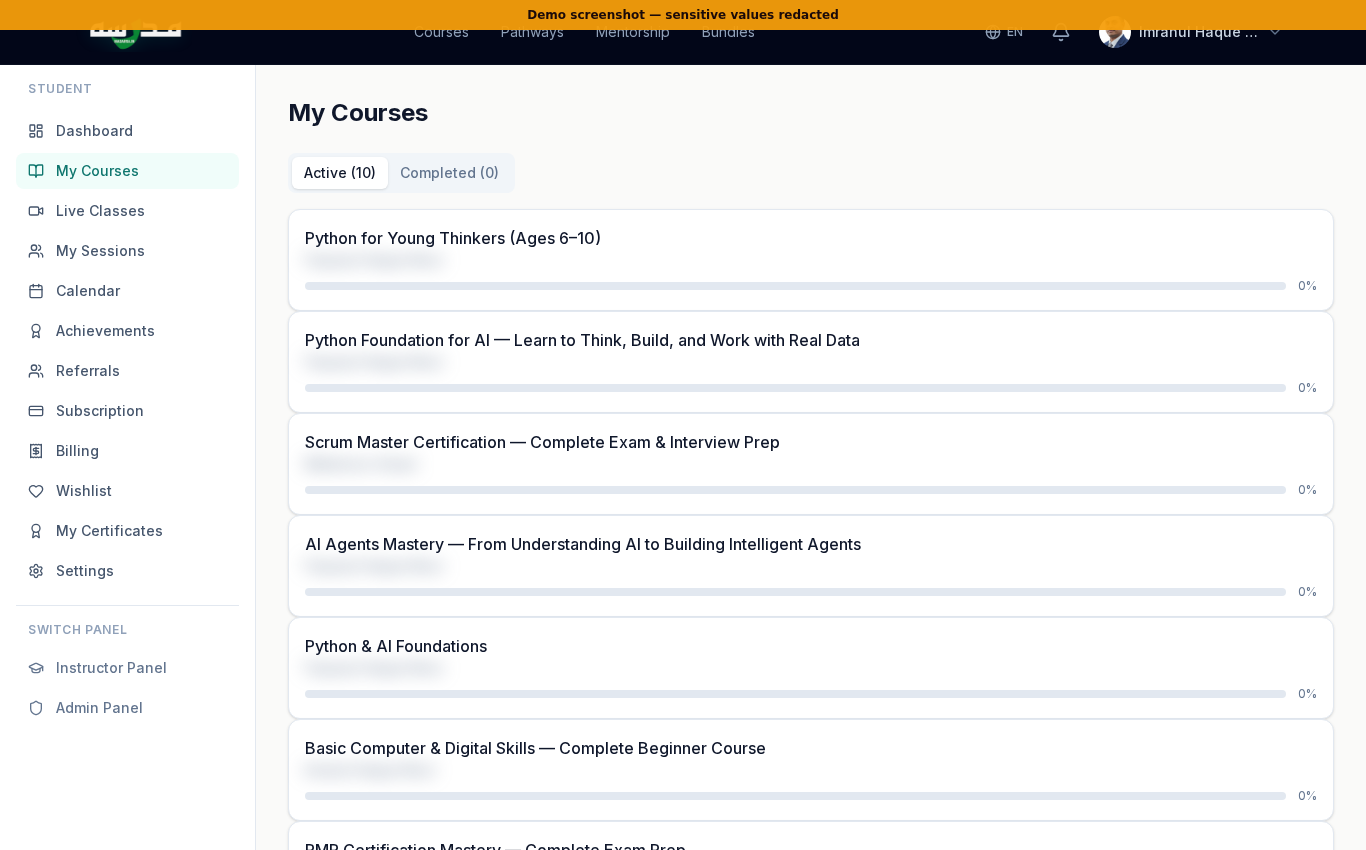 My Courses page
