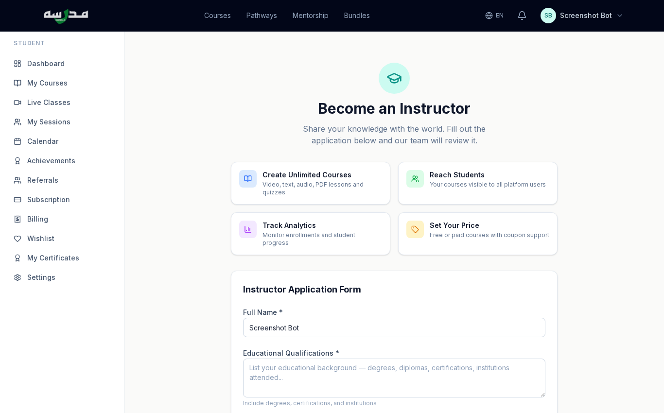 Become Instructor application page